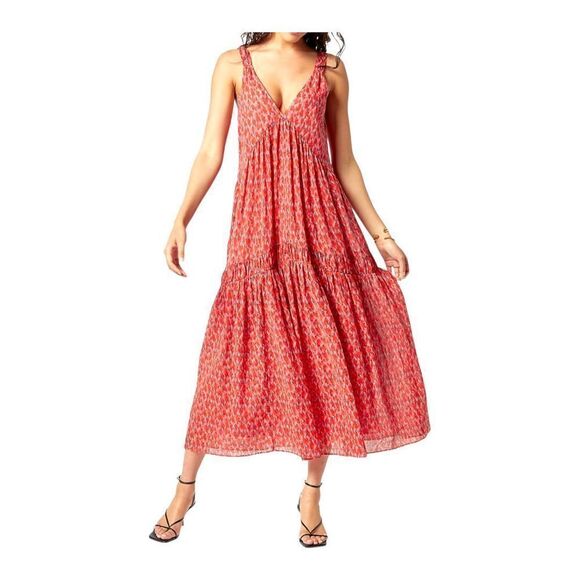 JOIE Designer Bondi Tiered Sleeveless V Neck Midi Dress in Red Size Medium NWT - Picture 1 of 8